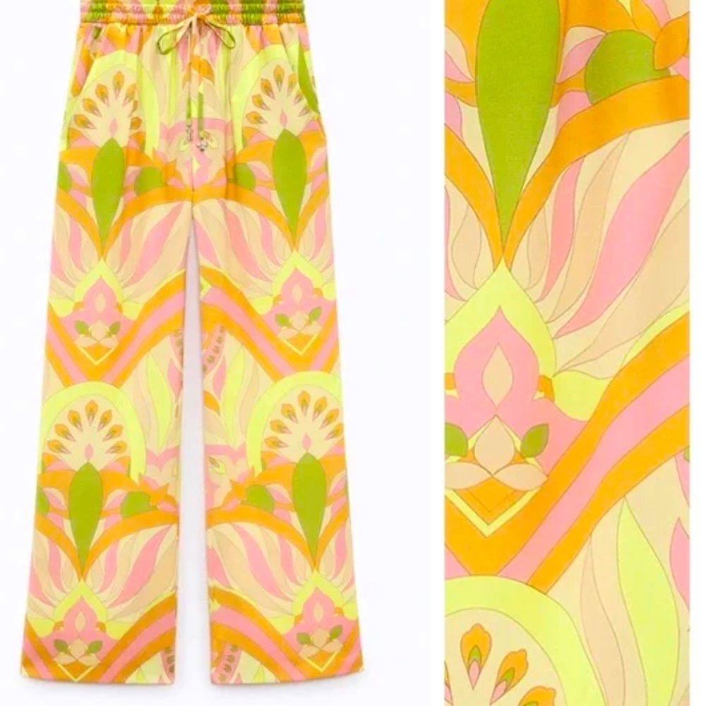 NWT ZARA RETRO PRINT WIDE-LEG DRAWSTRING PANTS Sz XS